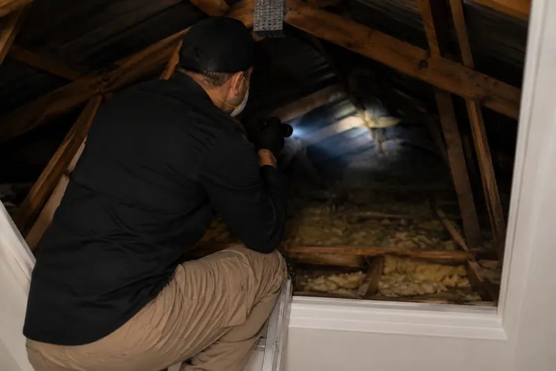 BugCorp technician inspecting a dark Sydney roof void with a torch during a dead animal location callout